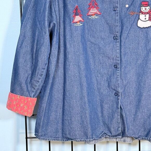 Vintage Christmas Winter‎ Denim LS Blouse Womens 1X Blue Snow Flake Pop Cuff - Picture 5 of 10
